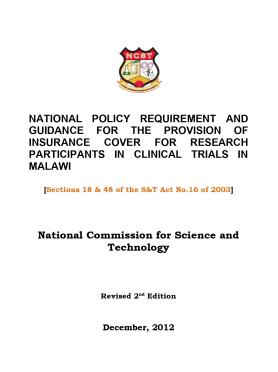 National Policy Requirement And Guidance For The Provision Of Insurance Cover For Research Participants In Clinical Trials In Malawi 2012 National Policy Requirement And Guidance For The Provision Of Insurance Cover For Research Participants In Clinical Trials In Malawi 2012