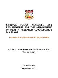 National Policy Measures And Requirements For The Improvement Of Health Research Co-Ordination In Malawi 2012